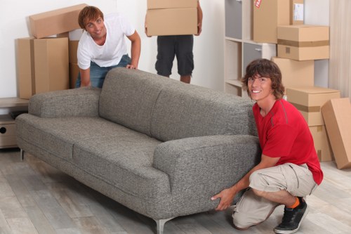 Packed household cartons prepared for a move in Edgware